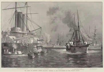 Die Krise in Sansibar, britische Kriegsschiffe beim Bombardement des Sultanspalastes